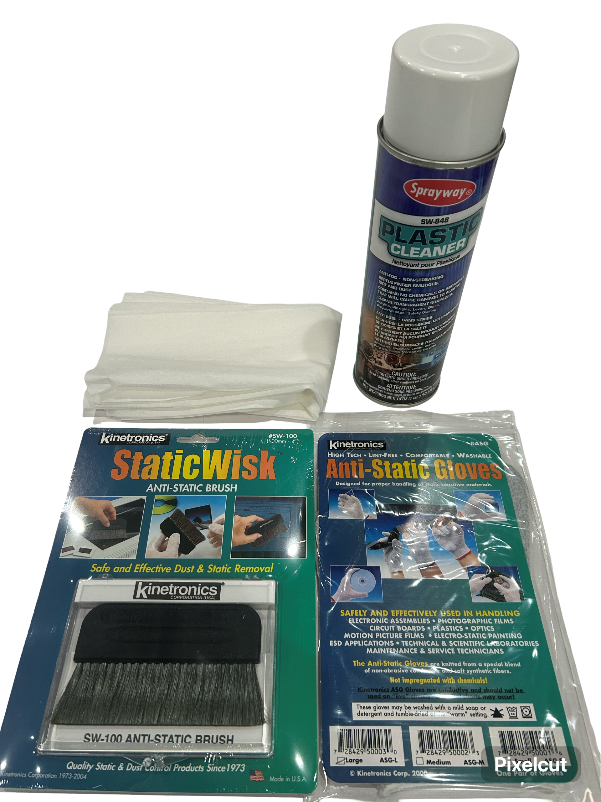 Assorted anti-static cleaning kit with StaticWisk brush and anti-static gloves on blue packaging.