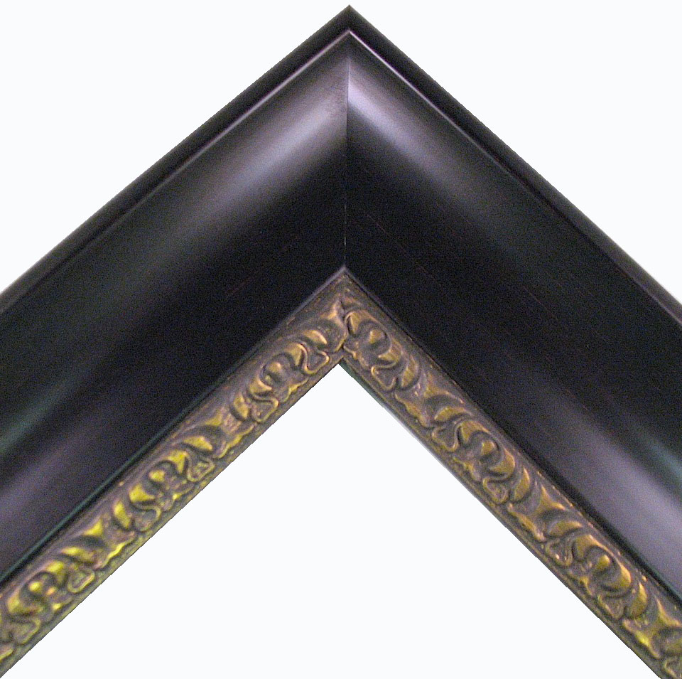 W-1023: 3 1/2" Wide Black Scooped Polystyrene Frame with Ornate Lip & Brushed Brown Highlights (7/16" Rabbet)
