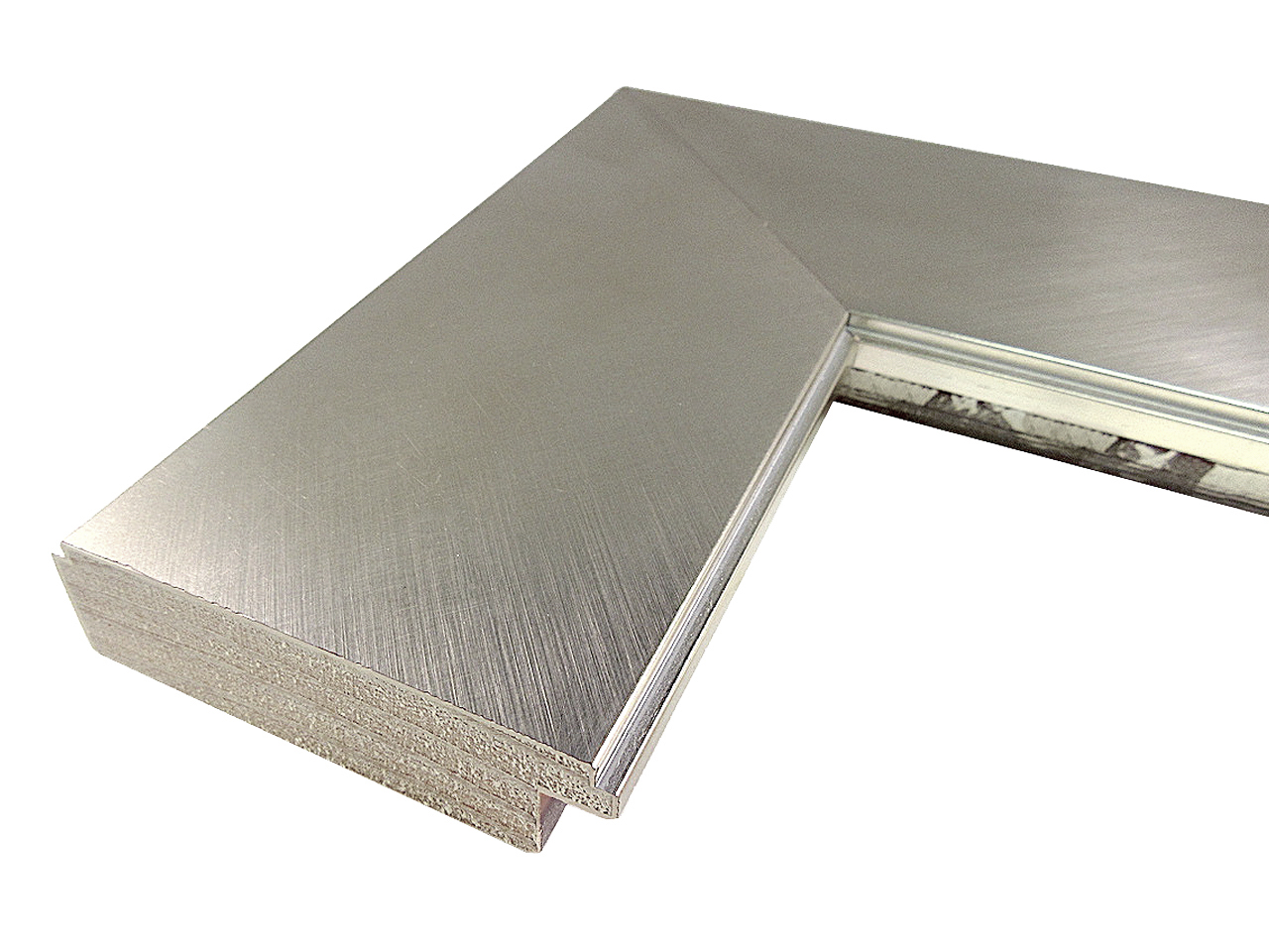 G-1987: 2 11/16" Wide Shiny Silver Flat Face Wood Moulding (7/16" Rabbet)